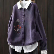 Buddha Stones Floral Embroidery Buttons Cotton Women's Long Sleeve Knitted Cardigan Sweater - DarkViolet - US4-6，UK/AU8-10，EU36-38(F) - image 4