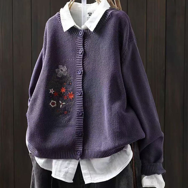 Buddha Stones Floral Embroidery Buttons Cotton Women's Long Sleeve Knitted Cardigan Sweater - DarkViolet - US4-6，UK/AU8-10，EU36-38(F) - image 4