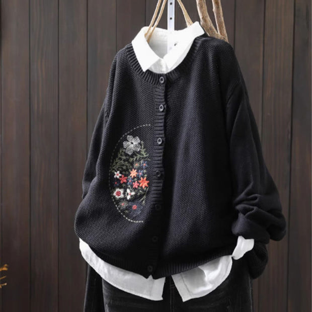 Buddha Stones Floral Embroidery Buttons Cotton Women's Long Sleeve Knitted Cardigan Sweater - Black - US4-6，UK/AU8-10，EU36-38(F) - image 24