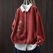 Buddha Stones Floral Embroidery Buttons Cotton Women's Long Sleeve Knitted Cardigan Sweater - Tomato - US4-6，UK/AU8-10，EU36-38(F) - image 18