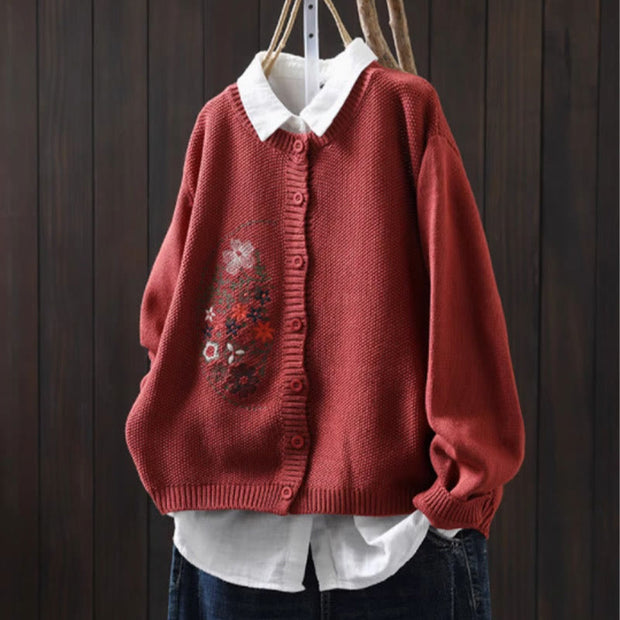 Buddha Stones Floral Embroidery Buttons Cotton Women's Long Sleeve Knitted Cardigan Sweater - Tomato - US4-6，UK/AU8-10，EU36-38(F) - image 18