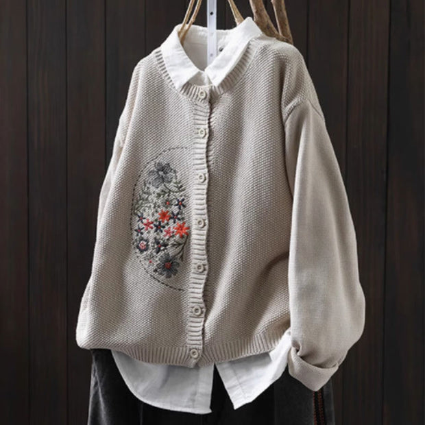 Buddha Stones Floral Embroidery Buttons Cotton Women's Long Sleeve Knitted Cardigan Sweater - Linen - US4-6，UK/AU8-10，EU36-38(F) - image 14
