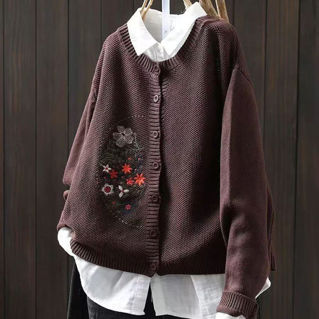 Buddha Stones Floral Embroidery Buttons Cotton Women's Long Sleeve Knitted Cardigan Sweater - SaddleBrown - US4-6，UK/AU8-10，EU36-38(F) - image 16