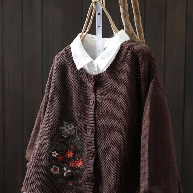 Buddha Stones Floral Embroidery Buttons Cotton Women's Long Sleeve Knitted Cardigan Sweater - image 17