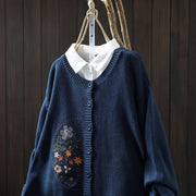 Buddha Stones Floral Embroidery Buttons Cotton Women's Long Sleeve Knitted Cardigan Sweater - image 1