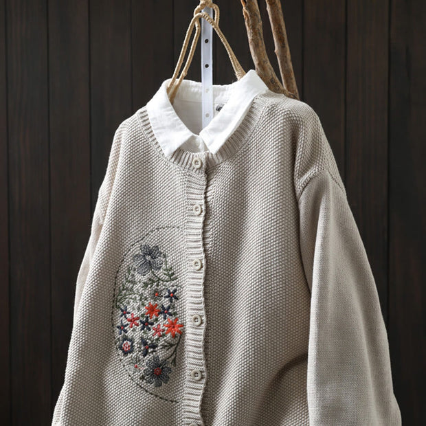 Buddha Stones Floral Embroidery Buttons Cotton Women's Long Sleeve Knitted Cardigan Sweater - image 15