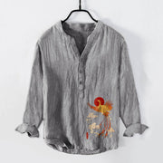 Buddha Stones Phoenix Red Sun Clouds Pattern Half Buttons Men's Cotton Linen Long Sleeve Shirt - Gray - US/UK/AU50，EU60 (5XL) - image 0