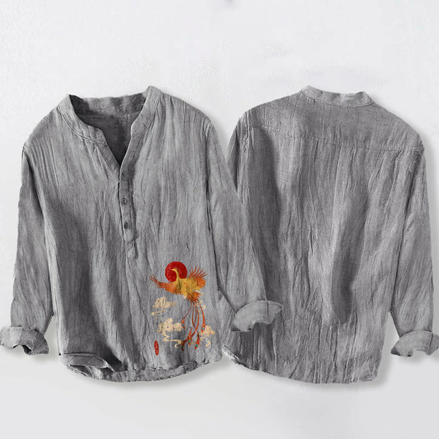 Buddha Stones Phoenix Red Sun Clouds Pattern Half Buttons Men's Cotton Linen Long Sleeve Shirt - image 2