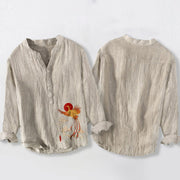 Buddha Stones Phoenix Red Sun Clouds Pattern Half Buttons Men's Cotton Linen Long Sleeve Shirt - image 5