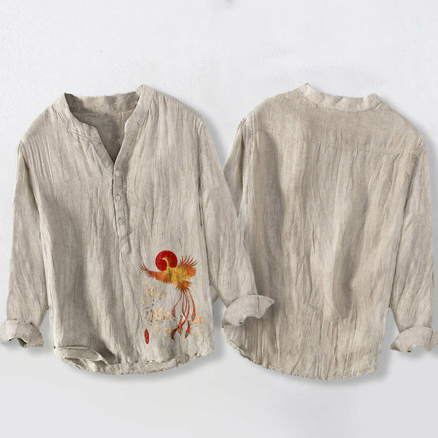 Buddha Stones Phoenix Red Sun Clouds Pattern Half Buttons Men's Cotton Linen Long Sleeve Shirt - image 5