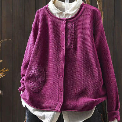 Buddha Stones Fall Floral Buttons Cotton Women's Long Sleeve Knitted Cardigan Sweater - MediumVioletRed - US4-6，UK/AU8-10，EU36-38 (F) - image 0