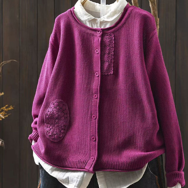 Buddha Stones Fall Floral Buttons Cotton Women's Long Sleeve Knitted Cardigan Sweater - MediumVioletRed - US4-6，UK/AU8-10，EU36-38 (F) - image 0