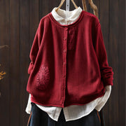 Buddha Stones Fall Floral Buttons Cotton Women's Long Sleeve Knitted Cardigan Sweater - Red - US4-6，UK/AU8-10，EU36-38 (F) - image 16