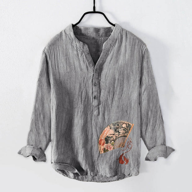 Buddha Stones Fan Crane Pine Tree Peony Red Sun Half Buttons Men's Cotton Linen Long Sleeve Shirt - Gray - US/UK/AU50，EU60 (5XL) - image 0