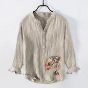 Buddha Stones Fan Crane Pine Tree Peony Red Sun Half Buttons Men's Cotton Linen Long Sleeve Shirt - Linen - US/UK/AU50，EU60 (5XL) - image 3