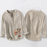 Buddha Stones Fan Crane Pine Tree Peony Red Sun Half Buttons Men's Cotton Linen Long Sleeve Shirt - image 5