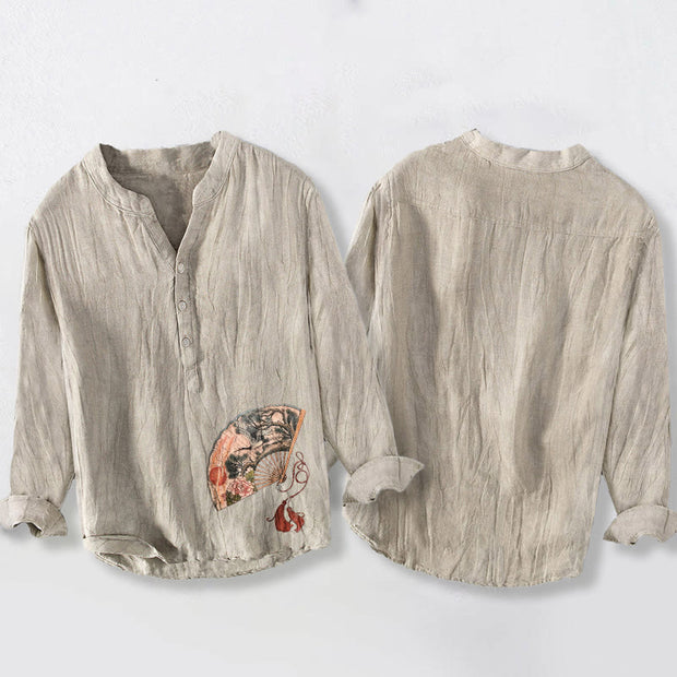 Buddha Stones Fan Crane Pine Tree Peony Red Sun Half Buttons Men's Cotton Linen Long Sleeve Shirt - image 5