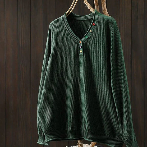 Buddha Stones Fall Colorful Buttons V-Neck Cotton Women's Long Sleeve Knitted Sweater - SeaGreen - US4-6，UK/AU8-10，EU36-38 (F) - image 9