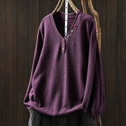 Buddha Stones Fall Colorful Buttons V-Neck Cotton Women's Long Sleeve Knitted Sweater - Purple - US4-6，UK/AU8-10，EU36-38 (F) - image 11