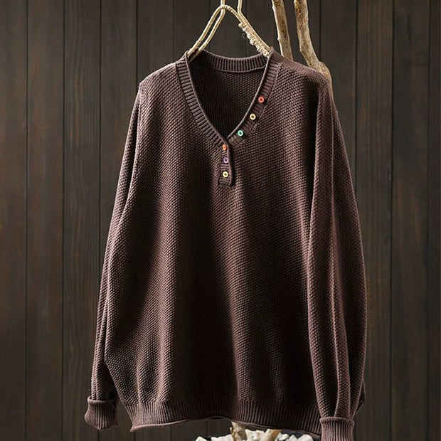 Buddha Stones Fall Colorful Buttons V-Neck Cotton Women's Long Sleeve Knitted Sweater - SaddleBrown - US4-6，UK/AU8-10，EU36-38 (F) - image 18