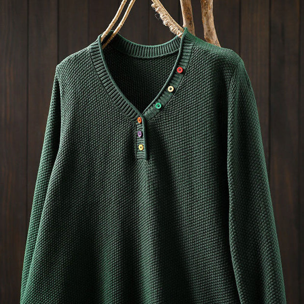 Buddha Stones Fall Colorful Buttons V-Neck Cotton Women's Long Sleeve Knitted Sweater - image 10