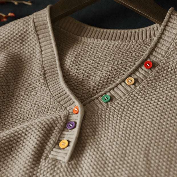 Buddha Stones Fall Colorful Buttons V-Neck Cotton Women's Long Sleeve Knitted Sweater - image 3