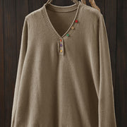 Buddha Stones Fall Colorful Buttons V-Neck Cotton Women's Long Sleeve Knitted Sweater - image 1