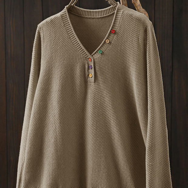 Buddha Stones Fall Colorful Buttons V-Neck Cotton Women's Long Sleeve Knitted Sweater - image 1