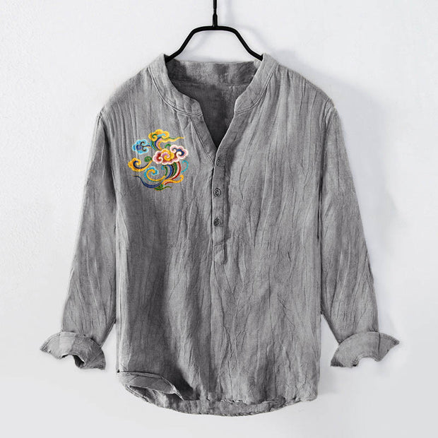 Buddha Stones Colorful Auspicious Clouds Pattern Half Buttons Men's Cotton Linen Long Sleeve Shirt - Gray - US/UK/AU50，EU60 (5XL) - image 3