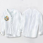 Buddha Stones Colorful Auspicious Clouds Pattern Half Buttons Men's Cotton Linen Long Sleeve Shirt - image 8