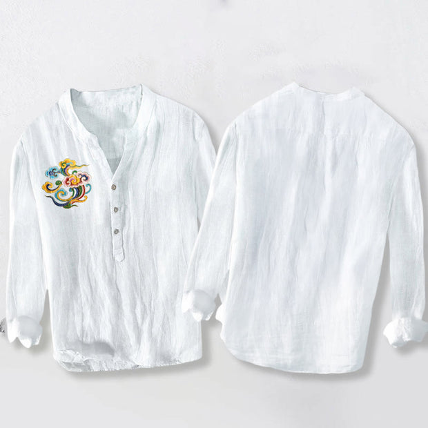 Buddha Stones Colorful Auspicious Clouds Pattern Half Buttons Men's Cotton Linen Long Sleeve Shirt - image 8