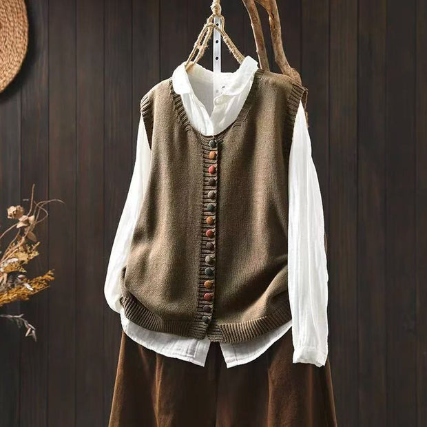 Buddha Stones Colorful Buttons Women's Sleeveless Cotton Knitted Vest Waistcoat - Sienna - US4-6，UK/AU8-10，EU36-38 (F) - image 2