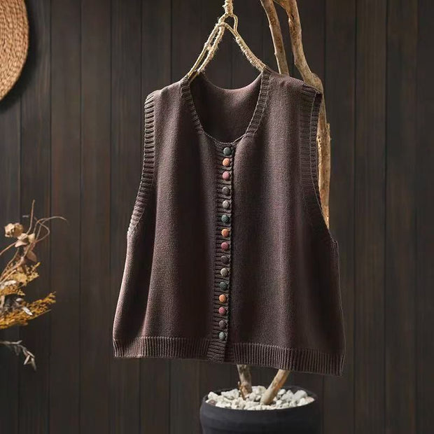 Buddha Stones Colorful Buttons Women's Sleeveless Cotton Knitted Vest Waistcoat - SaddleBrown - US4-6，UK/AU8-10，EU36-38 (F) - image 3