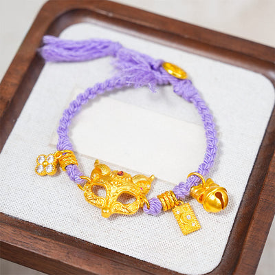 Buddha Stones Fox Bell Charm Fu Character Copper Woven Purple String Luck Bracelet - image 0