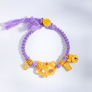 Buddha Stones 24k Gold Plated Brass Fox Bell Charm Fu Character Woven Purple String Luck Bracelet - String(Wrist Circumference: 18-20cm) - image 1