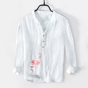 Buddha Stones Soft Colors Lotus Koi Fish Pattern Half Buttons Men's Cotton Linen Long Sleeve Shirt - White - US/UK/AU50，EU60 (5XL) - image 6