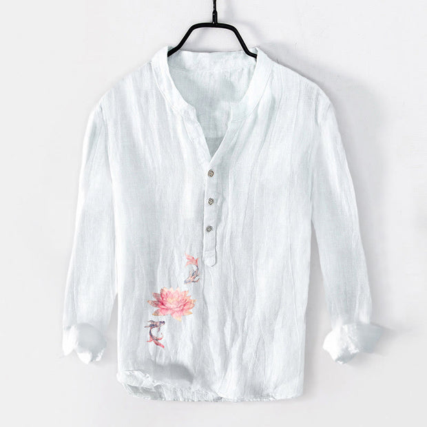 Buddha Stones Soft Colors Lotus Koi Fish Pattern Half Buttons Men's Cotton Linen Long Sleeve Shirt - White - US/UK/AU50，EU60 (5XL) - image 6