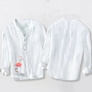 Buddha Stones Soft Colors Lotus Koi Fish Pattern Half Buttons Men's Cotton Linen Long Sleeve Shirt - image 8