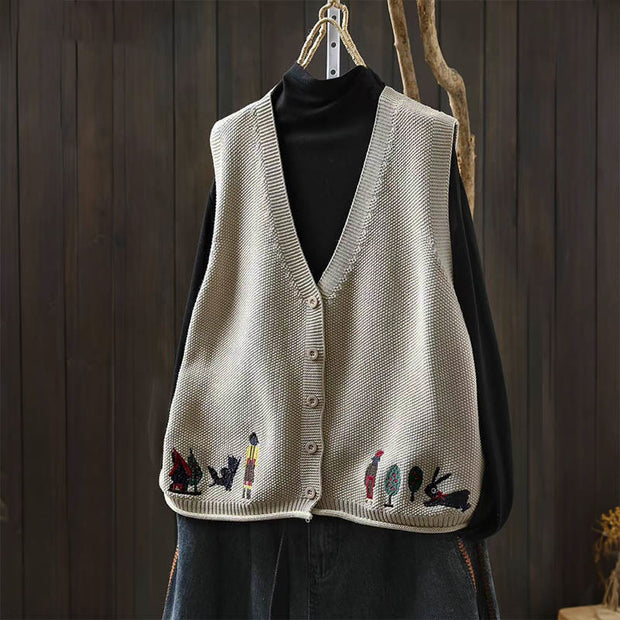 Buddha Stones Figure Rabbit Tree Embroidery Buttons Women's Sleeveless Cotton Knitted Vest Waistcoat - Beige - US4-6，UK/AU8-10，EU36-38 (F) - image 0