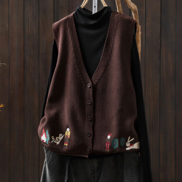 Buddha Stones Figure Rabbit Tree Embroidery Buttons Women's Sleeveless Cotton Knitted Vest Waistcoat - SaddleBrown - US4-6，UK/AU8-10，EU36-38 (F) - image 21