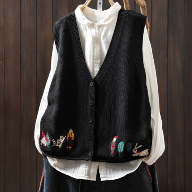 Buddha Stones Figure Rabbit Tree Embroidery Buttons Women's Sleeveless Cotton Knitted Vest Waistcoat - Black - US4-6，UK/AU8-10，EU36-38 (F) - image 24