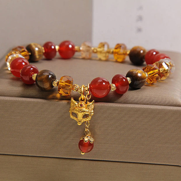 Buddha Stones Red Agate Tiger Eye Fox Charm Calm Beaded Bracelet - image 1