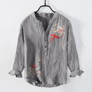 Buddha Stones Phoenix Pavilions Clouds Pattern Half Buttons Men's Cotton Linen Long Sleeve Shirt - Gray - US/UK/AU50，EU60 (5XL) - image 0