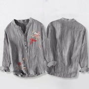 Buddha Stones Phoenix Pavilions Clouds Pattern Half Buttons Men's Cotton Linen Long Sleeve Shirt - image 2