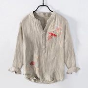 Buddha Stones Phoenix Pavilions Clouds Pattern Half Buttons Men's Cotton Linen Long Sleeve Shirt - Linen - US/UK/AU50，EU60 (5XL) - image 3