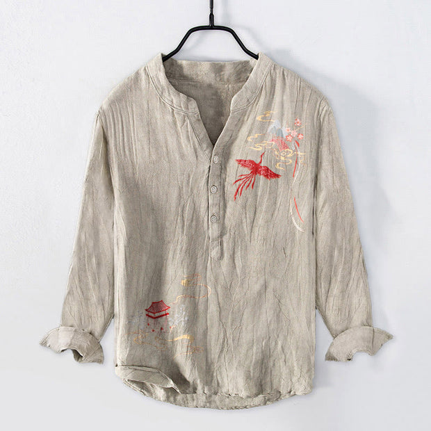 Buddha Stones Phoenix Pavilions Clouds Pattern Half Buttons Men's Cotton Linen Long Sleeve Shirt - Linen - US/UK/AU50，EU60 (5XL) - image 3