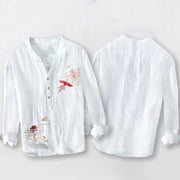 Buddha Stones Phoenix Pavilions Clouds Pattern Half Buttons Men's Cotton Linen Long Sleeve Shirt - image 8