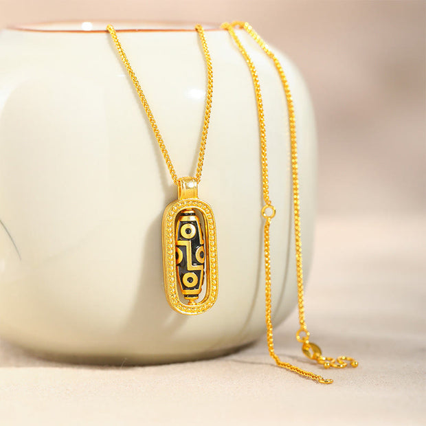 Buddha Stones 24k Gold Plated Brass Nine-eye Dzi Bead Auspicious Pattern Wealth Pendant Necklace - image 2