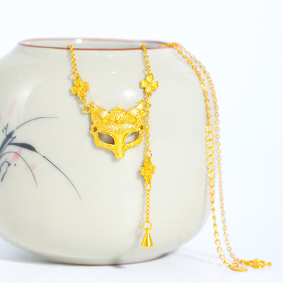 Buddha Stone Golden Fox Flower Design Tassel Copper Balance Pendant Necklace - image 0