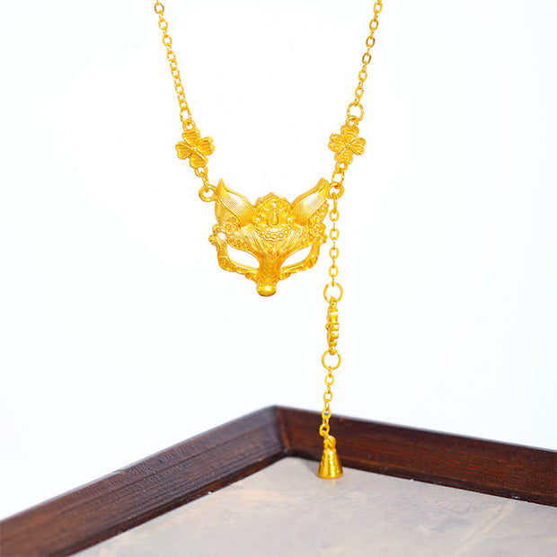 Buddha Stone 24k Gold Plated Brass Fox Flower Design Tassel Pendant Necklace - image 4